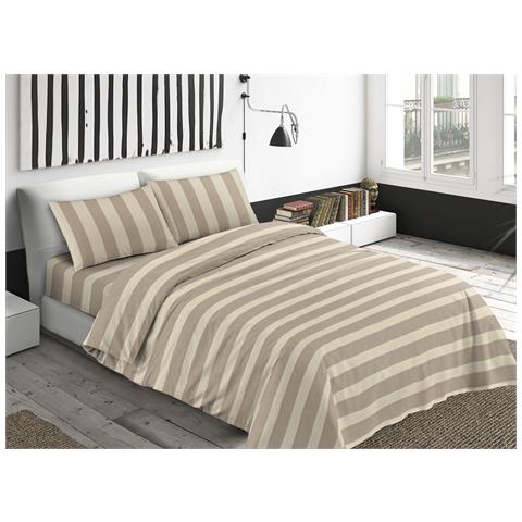 Completo Lenzuola Letto Camera In 100% Cotone Made Italy Vari Disegni Rp 2 Piazze Riga Larga Beige - Foto 1
