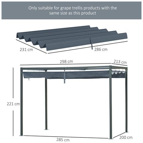 Copertura Per Gazebo Pergola Con 8 Fori Di Drenaggio, In Poliestere Uv30+, 286x245 Cm, Grigio Scuro - Foto 2
