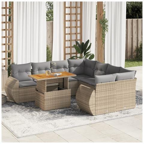 Set Divano Da Giardino 9 Pz Con Cuscini Beige In Polyrattan - Foto 1