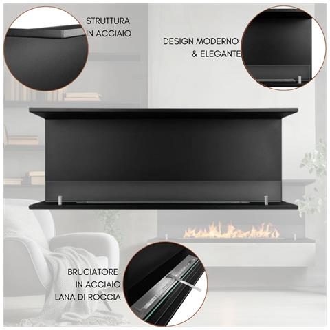 Camino A Bioetanolo Da Parete Biocamino Da Incasso 1,25 Lt Riscaldamento 30 M2, Bruciatore In Acciaio Con Vetro Temperato - 120 Cm Nero - Foto 6