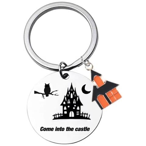 Portachiavi Di Halloween, Portachiavi In Acciaio Inossidabile A Forma Di Castello Con Gufo Dei Cartoni Animati - Foto 1