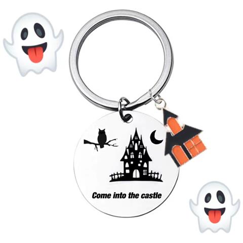 Portachiavi Di Halloween, Portachiavi In Acciaio Inossidabile A Forma Di Castello Con Gufo Dei Cartoni Animati - Foto 3