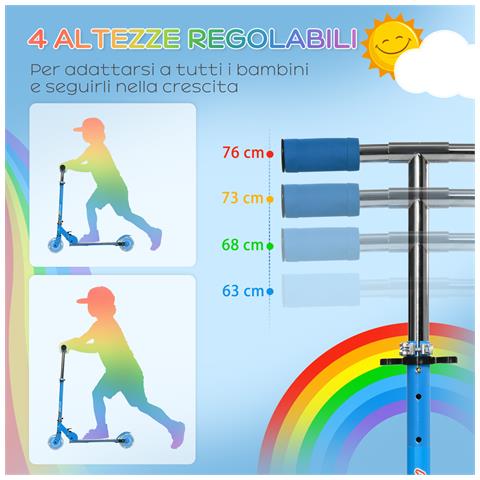 Monopattino per Bambini 3-7 Anni Pieghevole a 2 Ruote e Altezza Regolabile, 67x32x65-78 cm, Blu - Foto 6