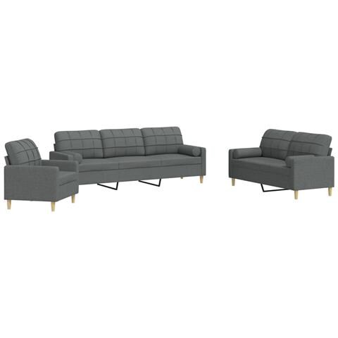 Set di Divani 3 pz con Cuscini Grigio Scuro in Tessuto - Foto 1
