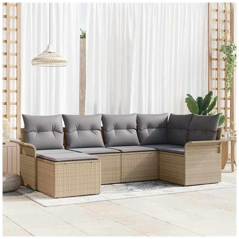 Set di divani da giardino 6 pezzi con cuscini beige in rattan poliestere, Divano da giardino 2 posti con vano per riporre e cuscini beige in rattan poliestere - Foto 2