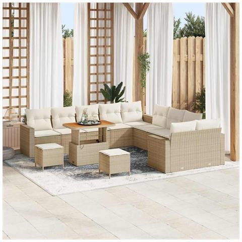 Set Divano da Giardino  13 Pezzi con Cuscini Beige Polyrattan Acacia, Set da Pranzo da Giardino  3 Pezzi con Cuscini Beige Polyrattan Acacia - Foto 2