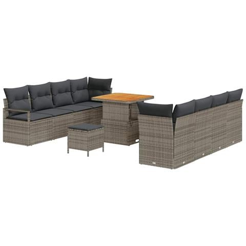 Set Divano da Giardino in 11 Pezzi con Cuscini Grigio Polyrattan Acacia, Divano da Giardino 2 Posti con Cuscini Grigio Polyrattan, Set da Pranzo Giardinaggio in 3 Pezzi con Cuscini Grigio Polyrattan Acacia - Foto 1