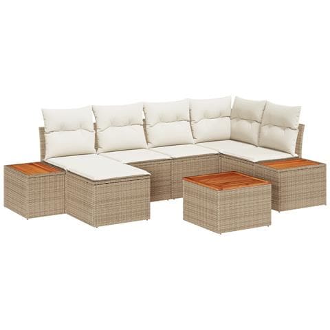 Set Divano da Giardino di 7 Pezzi con Cuscini Beige Rattan Polietilene Acacia - Foto 1