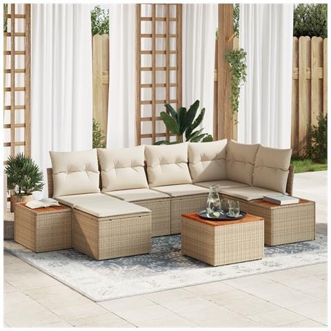 Set Divano da Giardino di 7 Pezzi con Cuscini Beige Rattan Polietilene Acacia - Foto 2