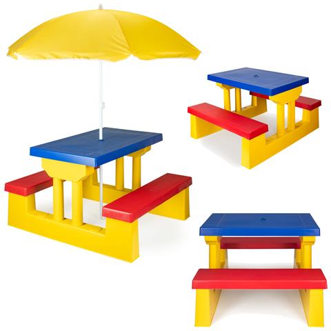 Tavolo picnic da giardino per bambini con ombrellone e panchina, giallo, blu e rosso - Foto 4