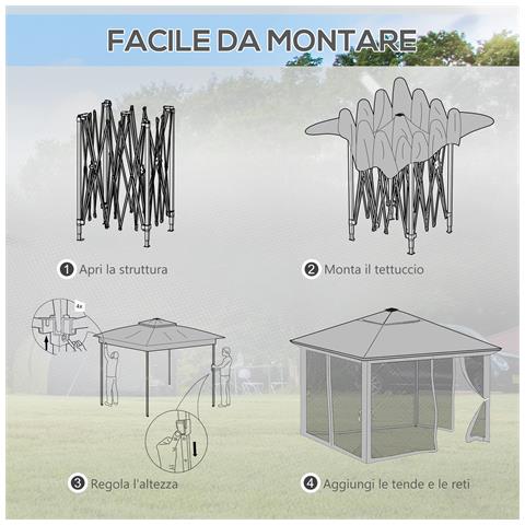 Gazebo Da Giardino Ad Altezza Regolabile Con Luci Led, In Acciaio E Tessuto Oxford, 336x336x250-270 Cm, Grigio - Foto 2