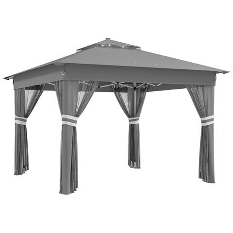 Gazebo Da Giardino Ad Altezza Regolabile Con Luci Led, In Acciaio E Tessuto Oxford, 336x336x250-270 Cm, Grigio - Foto 1