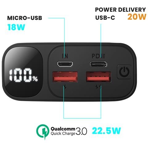 Batteria Esterna 20000mah 2 Usb + Usb-c Led Compatta, Nero - Foto 2