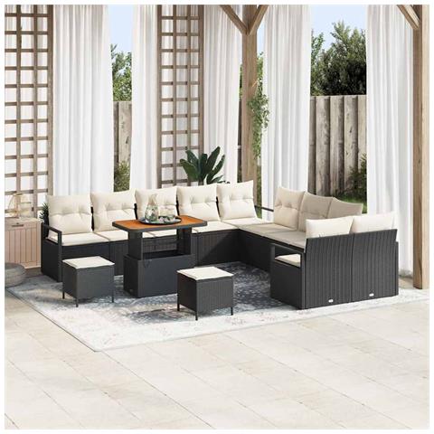 Set da Giardino a 13 Pezzi con Cuscini Rattan Nero Acacia,  Divano da Giardino a 2 Posti con Cuscini Rattan Nero,  Set da Pranzo da Giardino a 3 Pezzi con Cuscini Rattan Nero Acacia - Foto 2