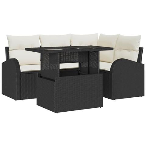 Set di Divani da Giardino da 5 Pezzi con Cuscini in Polyrattan Nero - Foto 1