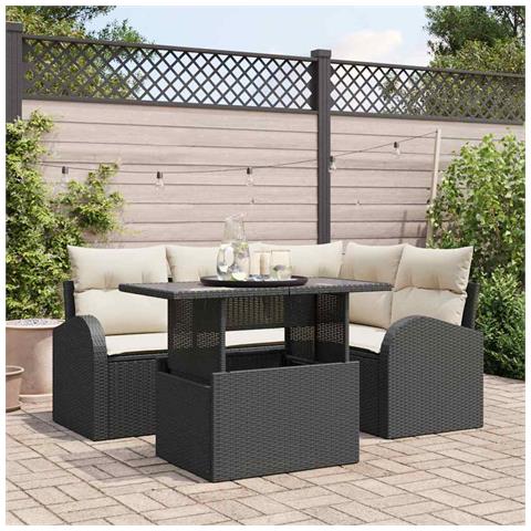Set di Divani da Giardino da 5 Pezzi con Cuscini in Polyrattan Nero - Foto 2