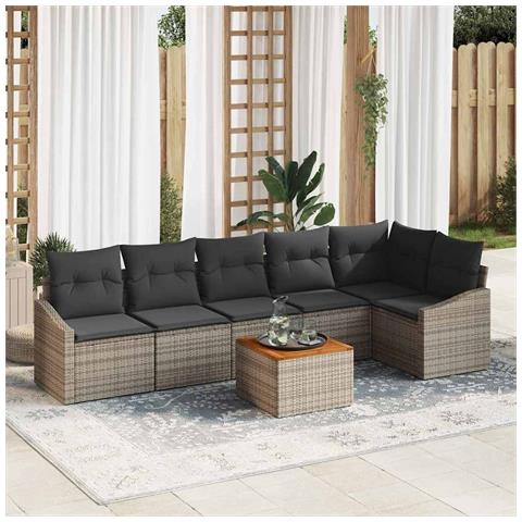 Set di Divano Giardino da 7 Pezzi con Cuscini Grigio Polyrattan Acacia - Foto 2