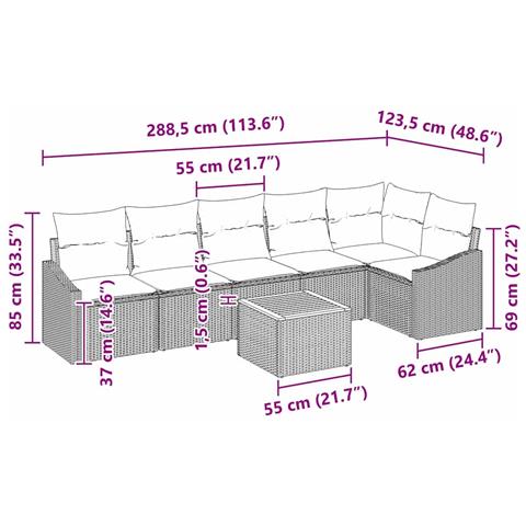 Set di Divano Giardino da 7 Pezzi con Cuscini Grigio Polyrattan Acacia - Foto 9