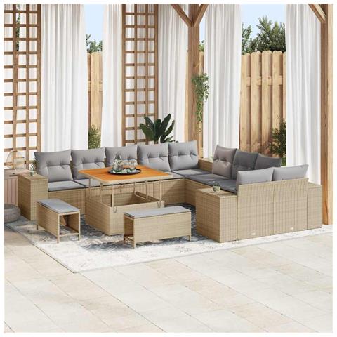 Set Divano da Giardino  13 Pezzi con Cuscini Beige Polyrattan Acacia, Set da Pranzo Giardino  3 Pezzi con Cuscini Beige Polyrattan Acacia - Foto 2