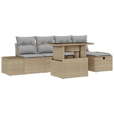 Set Divano da Giardino 6 Pezzi con Cuscini Beige Polyrattan - Foto 1