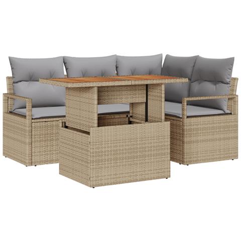 Set Divano Giardino 5 Pezzi con Cuscini Beige in Rattan Policastico, Divano Giardino 2 Posti con Cuscini Beige in Rattan Policastico - Foto 1