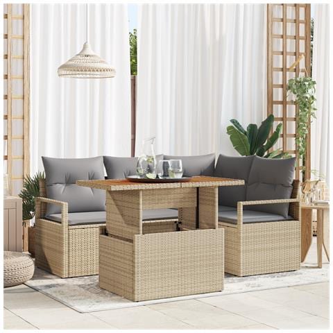 Set Divano Giardino 5 Pezzi con Cuscini Beige in Rattan Policastico, Divano Giardino 2 Posti con Cuscini Beige in Rattan Policastico - Foto 2