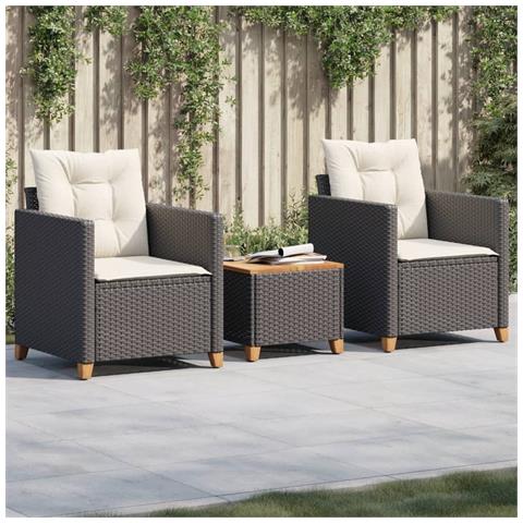 Set da Bistrò 3 pz con Cuscini Nero Polyrattan e Legno Acacia - Foto 2