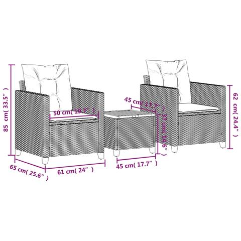 Set da Bistrò 3 pz con Cuscini Nero Polyrattan e Legno Acacia - Foto 9