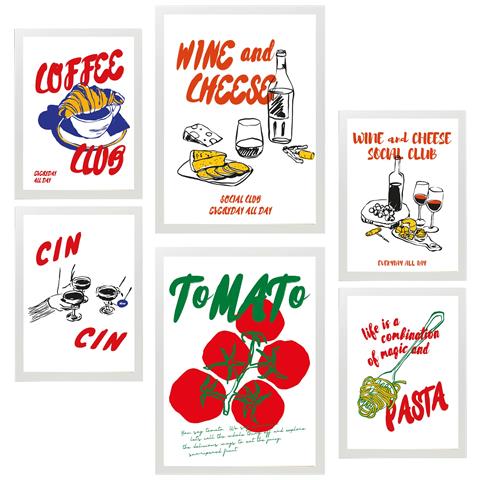 Set Di 6 Stampe Illustrazioni Decorative Di Cibo E Piatti In Stile Pop Art Incorniciate Con Illustrazioni A3 & A4 Cornice Bianca - Foto 1