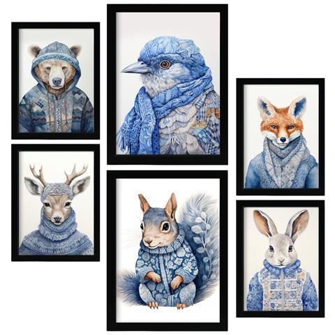 Set Di 6 Stampe Animali In Abiti Invernali All'asilo Dipinti Decorativi Estetici Per Il Tuo Soggiorno A Casa A3 & A4 Cornice Nera - Foto 1