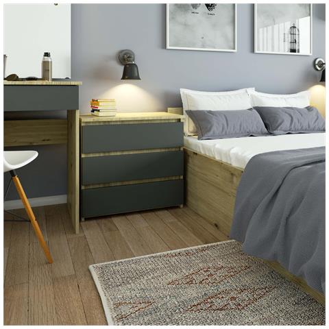 Comodino CL3, 3 cassetti, 60x35x57 cm, Colore Quarcia Artisan e Grigia Grafite - Foto 4
