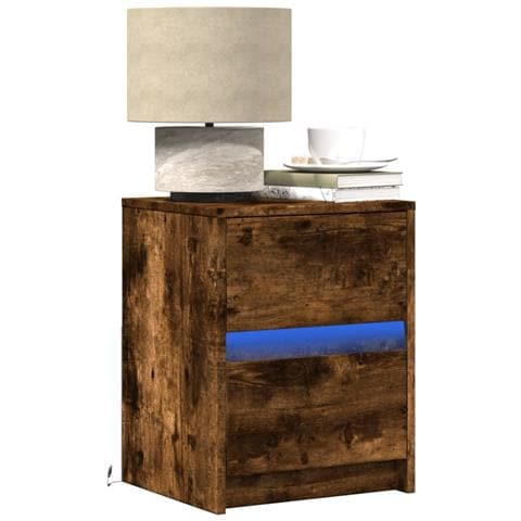 Comodino Con Luci Led Rovere Fumo In Legno Multistrato - Foto 1