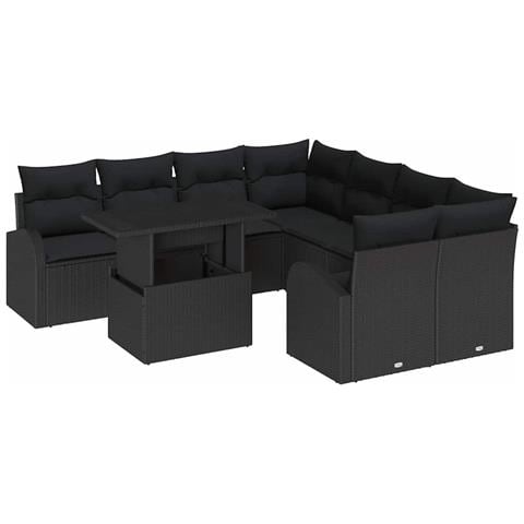 Set divano da giardino 9 pezzi con cuscini rattan nero, Divano da giardino 2 posti con spazio di stoccaggio e cuscini rattan nero - Foto 1