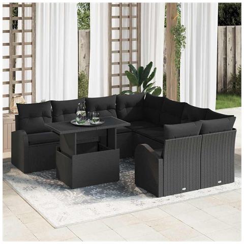 Set divano da giardino 9 pezzi con cuscini rattan nero, Divano da giardino 2 posti con spazio di stoccaggio e cuscini rattan nero - Foto 2