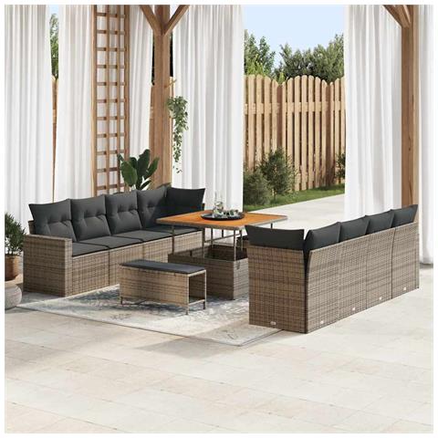 Set Divano da Giardino in 11 Pezzi con Cuscini Grigio Rattan Sintetico Acacia, Set da Pranzo da Giardino in 3 Pezzi con Cuscini Grigio Rattan Sintetico Acacia - Foto 2