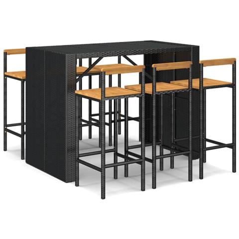 Set Bar Giardino 7 pz Nero Polyrattan e Legno Massello Acacia - Foto 1