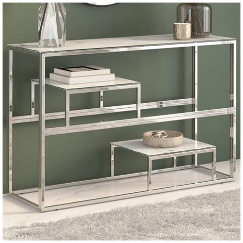 Tavolino Consolle Argento Acciaio Inossidabile Vetro Temperato - Foto 2