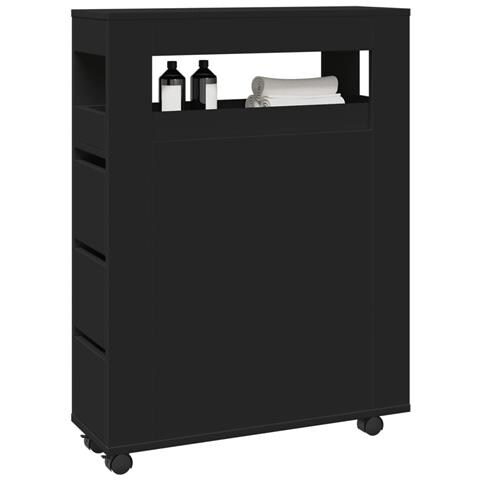 Mobile da Bagno Stretto con Ruote Nero in Truciolato - Foto 2