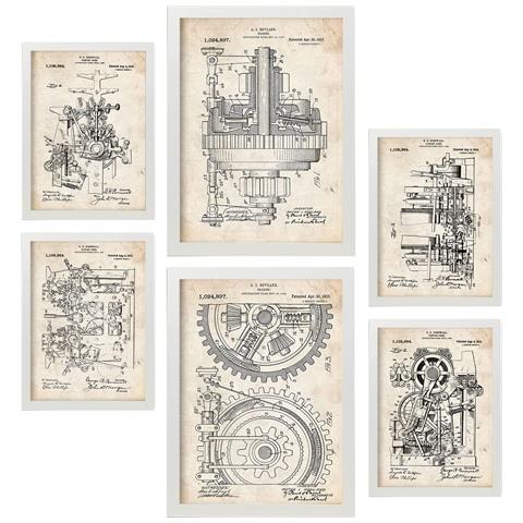 Set Di 6 Stampe Poster Con Brevetti Di Macchine Poster Con Immagini Di Brevetti Retrò Design D'interni In Stile Vintage A3 & A4 Cornice Bianca - Foto 1