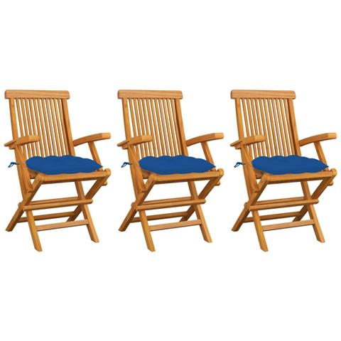 Sedie da Giardino con Cuscini Blu 3 pz in Massello di Teak - Foto 1
