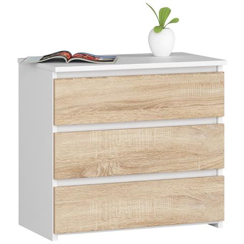 Comodino CL3, 3 cassetti, 60x35x57 cm, Colore Bianco e Sonoma Quercia - Foto 1