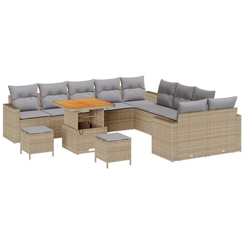 Set Divano da Giardino  13 Pezzi con Cuscini Beige Rattan Polietilene Acacia, Set da Pranzo da Giardino  3 Pezzi con Cuscini Beige Rattan Polietilene Acacia - Foto 1