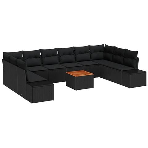 Set Divano da Giardino in 11 Pezzi con Cuscini Nero Poly Rattan Acacia - Foto 1
