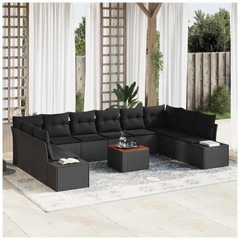Set Divano da Giardino in 11 Pezzi con Cuscini Nero Poly Rattan Acacia - Foto 2