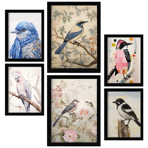 Set Di 6 Stampe Illustrazioni Di Uccelli Nella Cameretta Dei Bambini, Dipinti Decorativi Estetici Per Il Tuo Soggiorno, Camera Da Letto, Casa A3 & A4 Cornice Nera - Foto 1