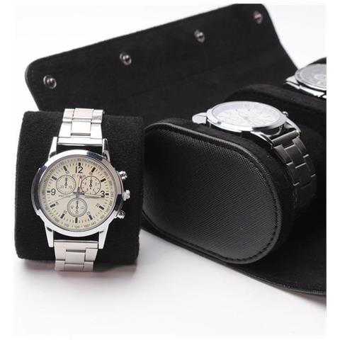 Custodia Portatile Da Viaggio Per 2 Orologi In Pelle Pu Grana Litchi Black - Foto 2