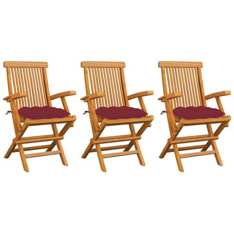 Sedie da Giardino con Cuscini Rosso Vino 3 pz Massello di Teak - Foto 1