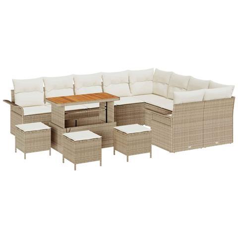 Set Divano da Giardino  13 Pezzi con Cuscini Beige Rattan Polietilene Acacia, Set da Pranzo da Giardino  4 Pezzi con Cuscini Beige Rattan Polietilene Acacia, Divano da Giardino a Due Posti  con Cuscini Beige Rattan Polietilene - Foto 1