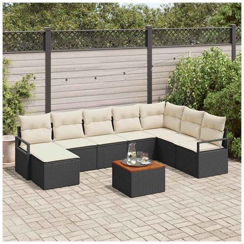 Set divano da giardino 9 pezzi con cuscini Rattan poli nero Acacia, Divano da giardino 2 posti con cuscini Rattan poli nero - Foto 2