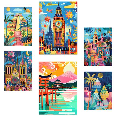 Set Di 6 Stampe Monumenti Ispirati A Mary Blair Luxor Big Ben Egitto Chichen Itza Notre Dame Itsukushim Design Illustrazioni A3 & A4 Senza Cornice - Foto 1